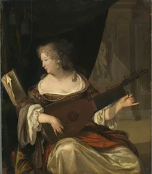 Mujer afinando un tiorba